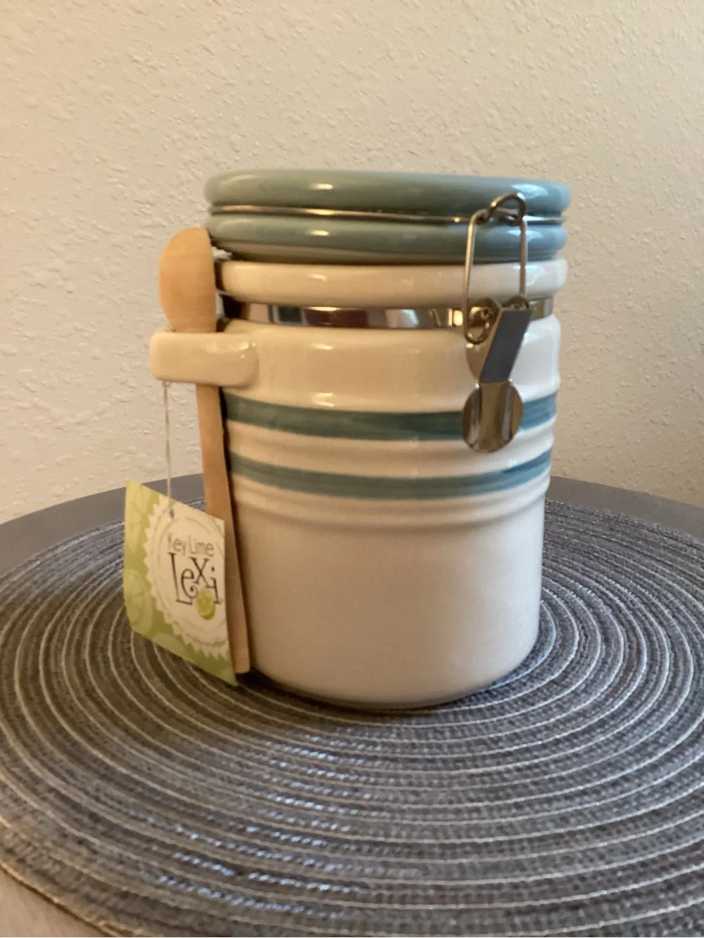 Key Lime Lexi Ceramic Blue/Cream Striped  Airtight Latch Jar With Spoon NWT
